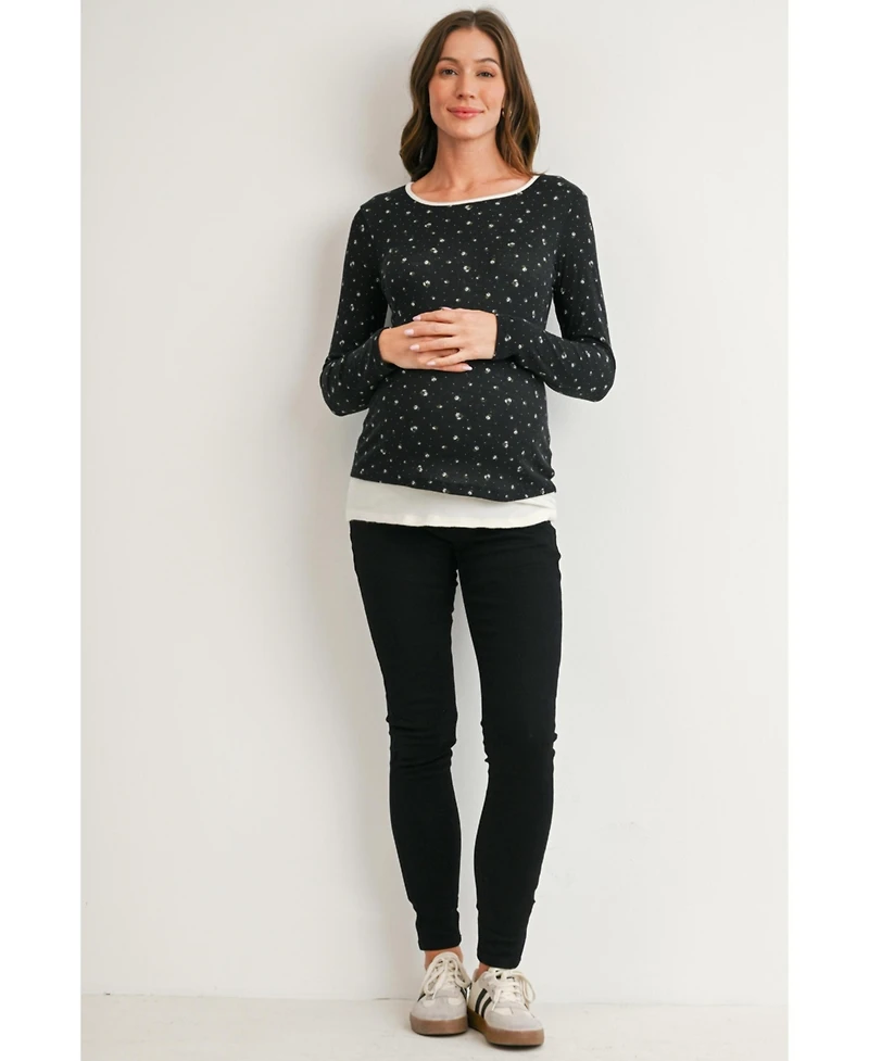 Hello Miz Maternity Floral-Print Scoop Neck Fitted Long-Sleeve Top