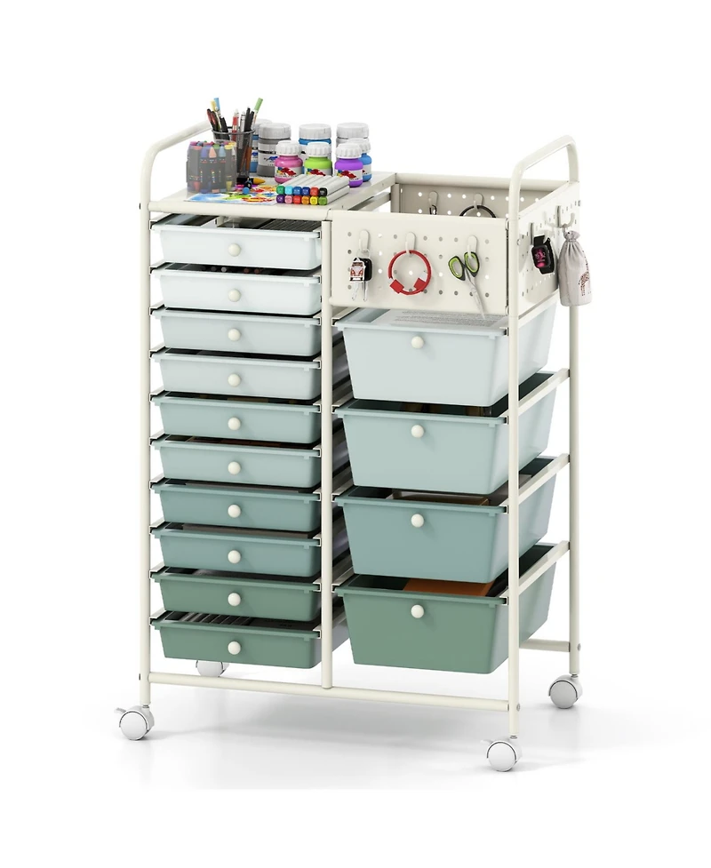 Mecale 14-Drawer Rolling Cart with Metal Top and Pegboard