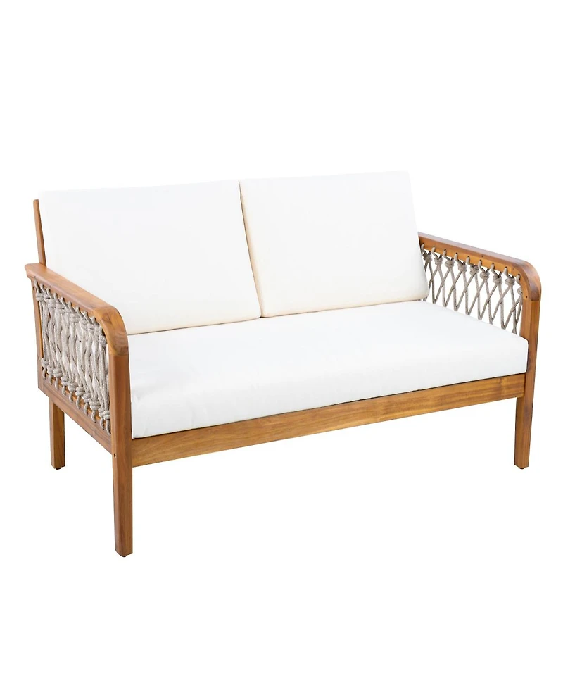 Asagikoiai 4 Piece Acacia Wood Patio Conversation Set with Rope Armrests and Cushions