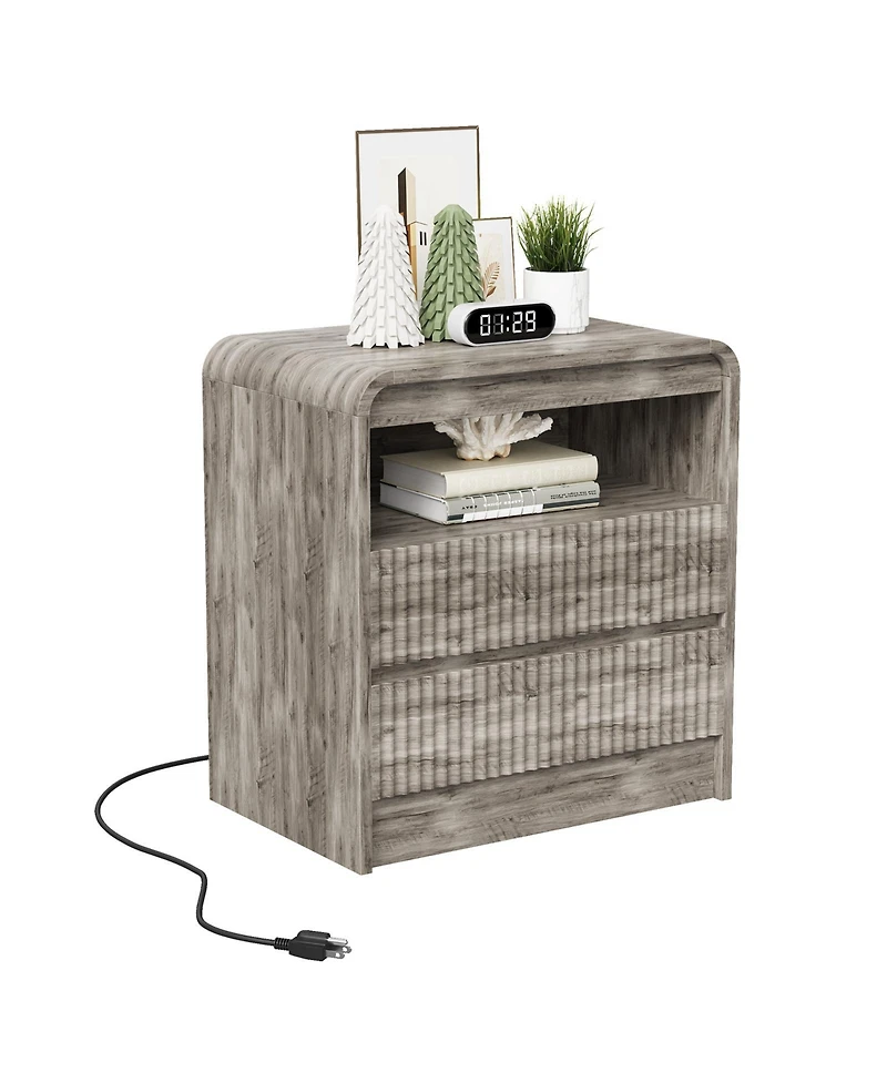 homfan 23.6-Inch Fluted Nightstand with Charging Station and 2 Drawers