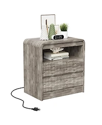 homfan 23.6-Inch Fluted Nightstand with Charging Station and 2 Drawers