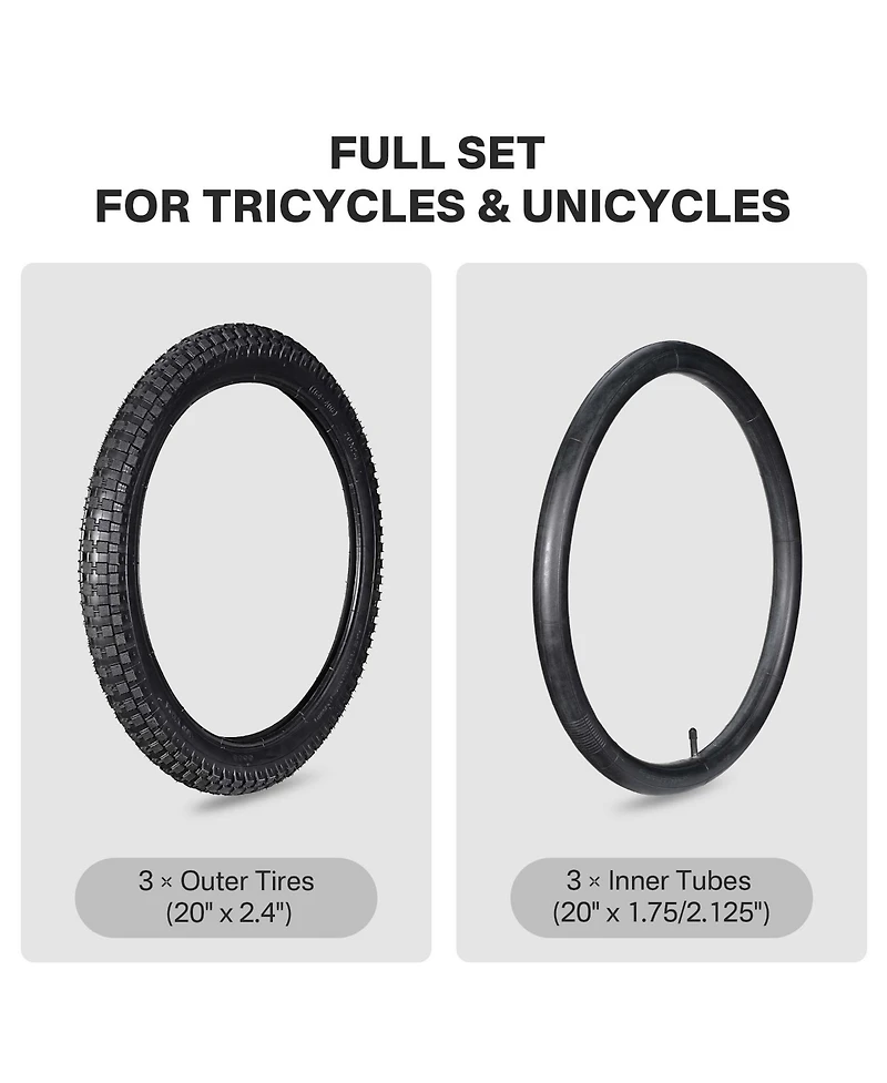 Yescom 20" x 2.4" Heavy-Duty Mountain Tread Tires and Tubes, 3-Piece Set, Ages 14+