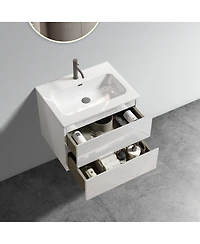 Sillysis 24'' Wall Mount Bathroom Vanity with Ceramic Sink, Glossy Floating Bathroom Vanity without Faucet, Pre-Assembled