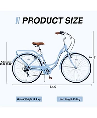 ECHTPeak 24-Inch Beach Cruiser Bike, 7 Speed V - Brake Cruiser Bike, Anti-Skid Tires, with Rear Rack Bell, Steel Frame, for Girls Women Senior