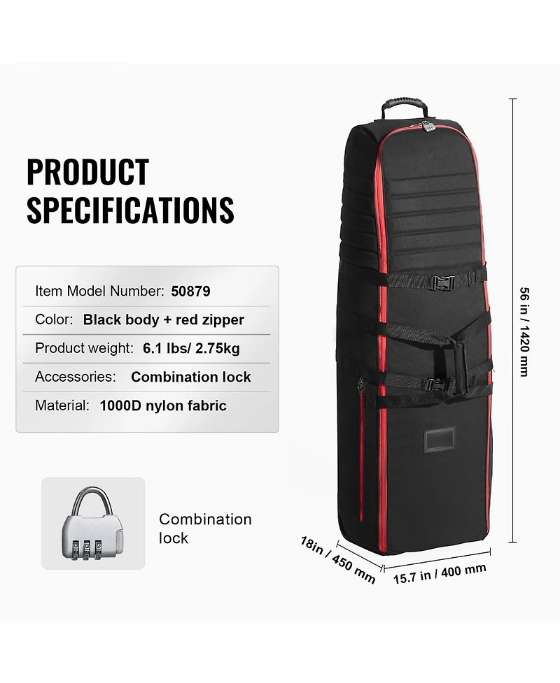 Hongge Padded Golf Travel Bag 1000D Nylon Soft-Sided Club Cover Case with Wheels for Air Travel