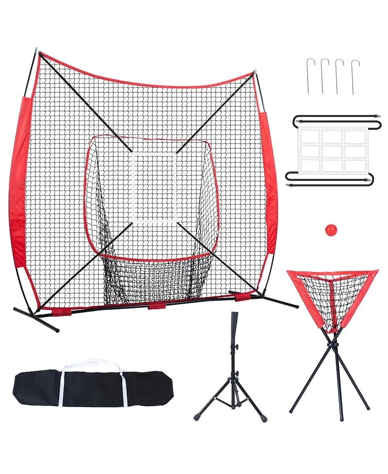 Hongge 7 x 7 ft Baseball and Softball Practice Net with Strike Zone Batting Tee and Ball Collector