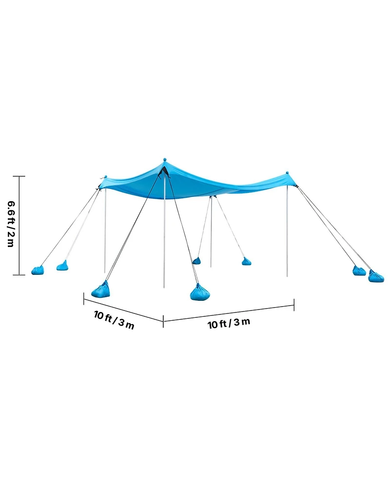 Hongge Pop Up Beach Canopy 10 x 10 feet Upf 50 Plus Stretch Shelter with 8 Sandbags Poles and Sand Shovels