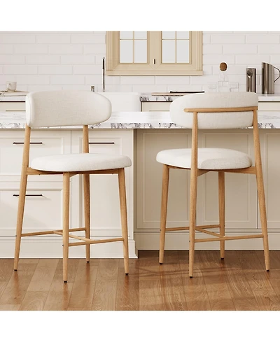 Maison Boucle Set of 2 Modern Mid-Century Counter Height Bar Stools, Linen Upholstered Barstools with Back