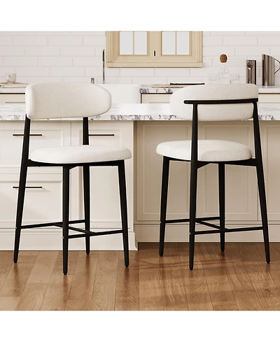 Maison Boucle Set of 2 Modern Mid-Century Counter Height Bar Stools, Linen Upholstered Barstools with Back