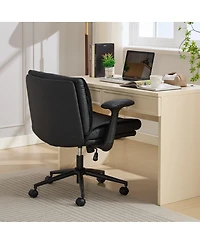Maison Boucle Cross-Legged Office Chair on Wheels with Flip-Up Armrests, Faux Leather Upholstered Wide Seat Swivel Desk