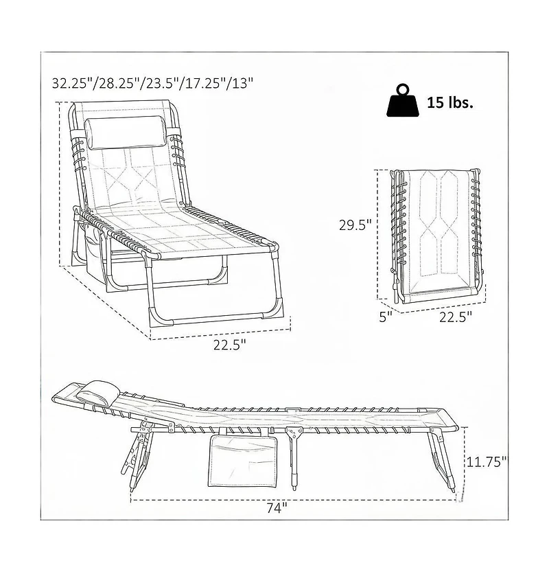Mountaintop Gray Padded Folding Chaise Lounge Chair 6-Level Reclining Outdoor Camping Tanning Chair with Headrest for Beach Yard Patio Pool