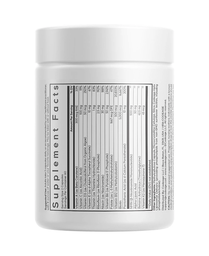 Codeage Liposomal Nmn Multivitamin 500 Milligram, Nicotinamide Mononucleotide, A C D3 E K2 B Complex, 120 Count