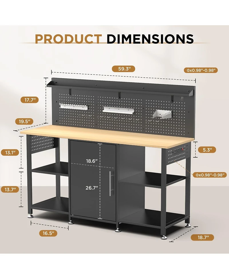 Streamdale Furniture 60" Heavy-Duty Workbench with Cabinet, Wood Top, Pegboard and Power Outlet