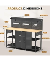 Streamdale Furniture 60" Heavy-Duty Workbench with Cabinet, Wood Top, Pegboard and Power Outlet