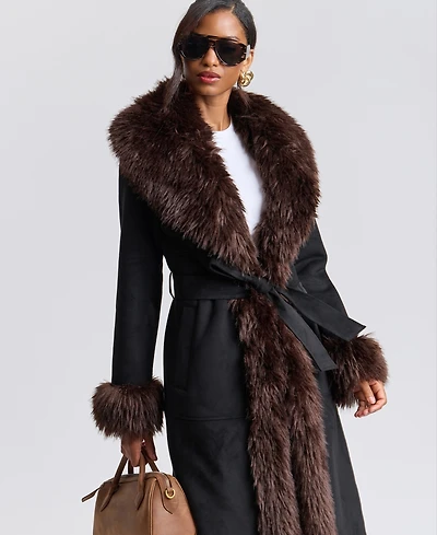 Avec Les Filles Women's Faux-Fur-Shawl-Collar Faux-Shearling Coat