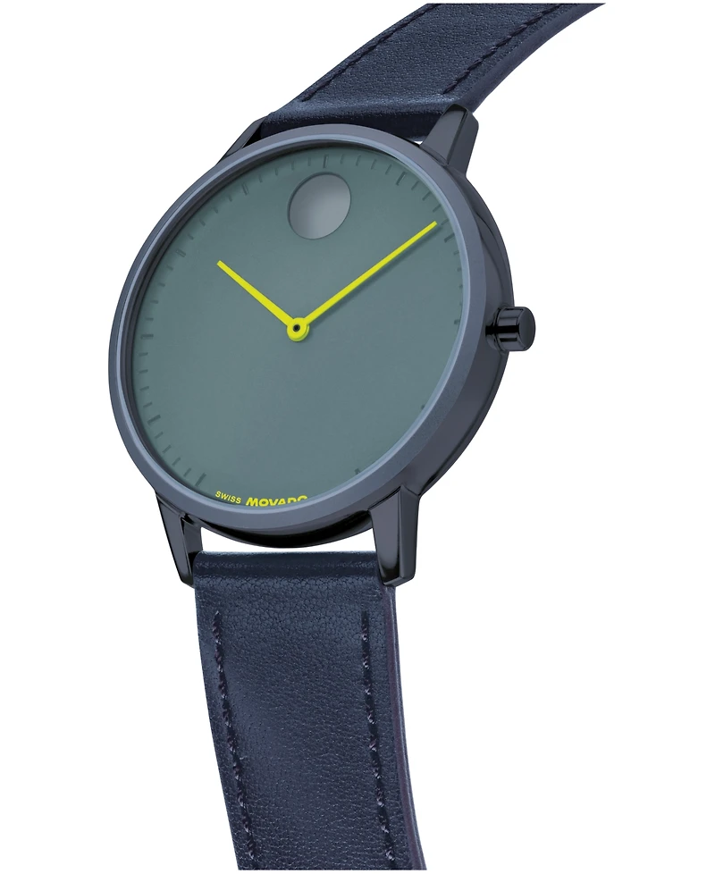 Movado Men's Face Swiss Quartz Navy Blue Leather Watch 39mm