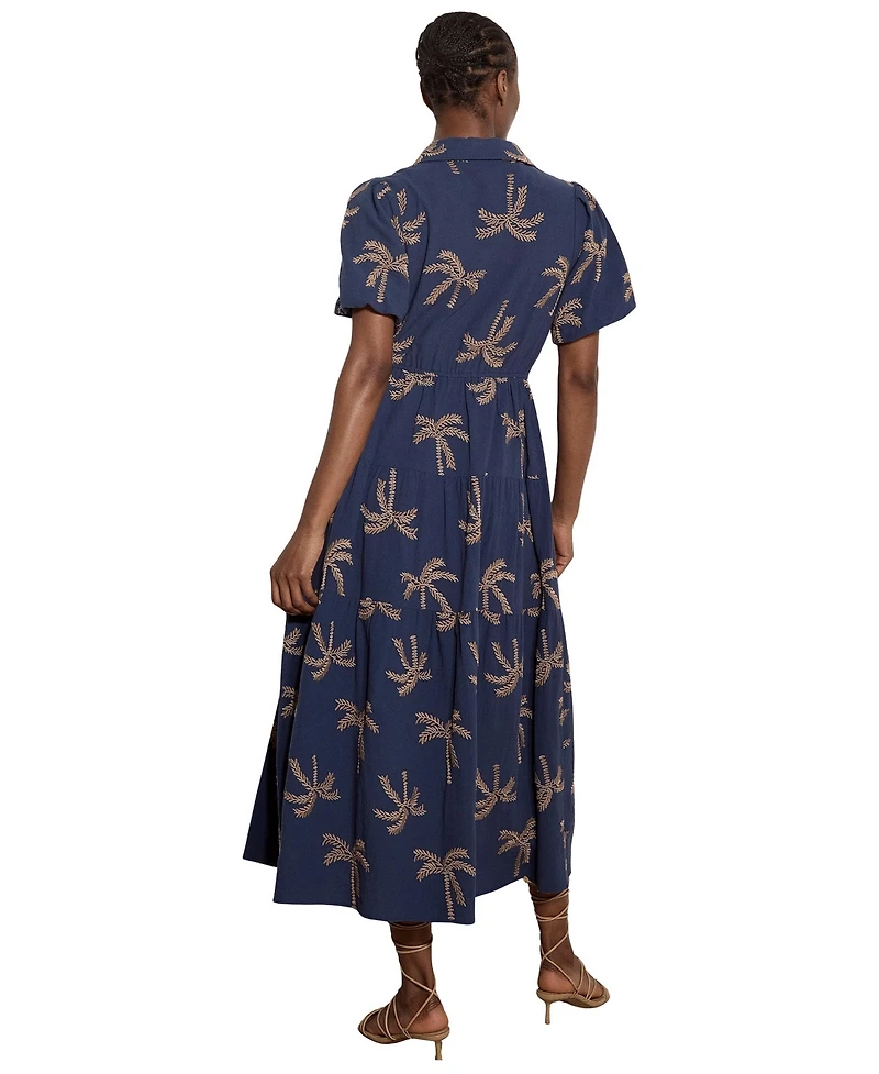 Apricot Women's Embroidered Puff-Sleeve Tiered Midi Dress