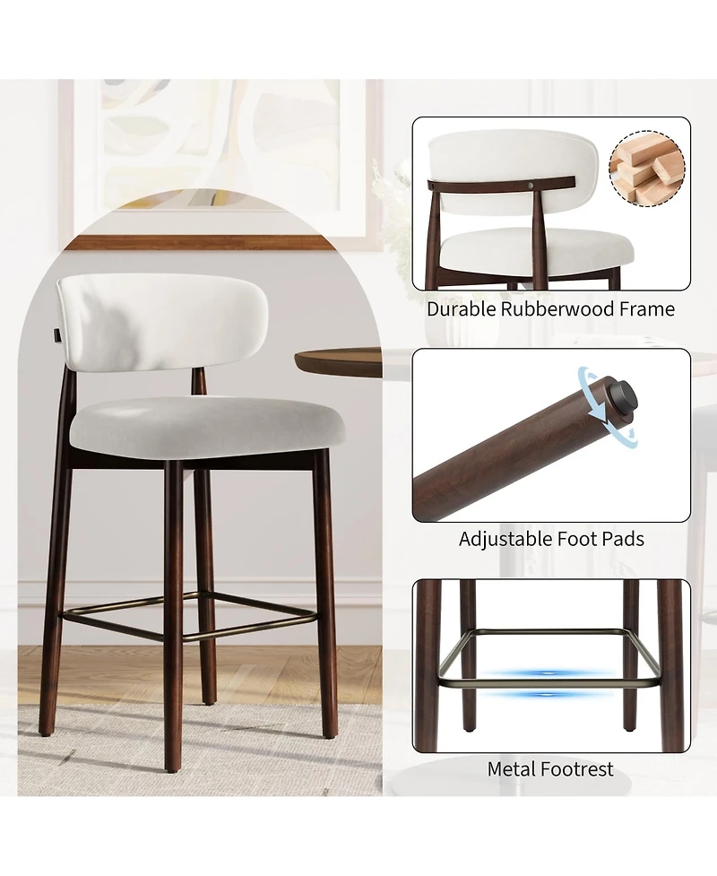 gaomon Set of 4 Upholstered Counter Height Bar Stools with Wood Legs and Curved Back, Linen Kitchen Island Chairs with Footrest