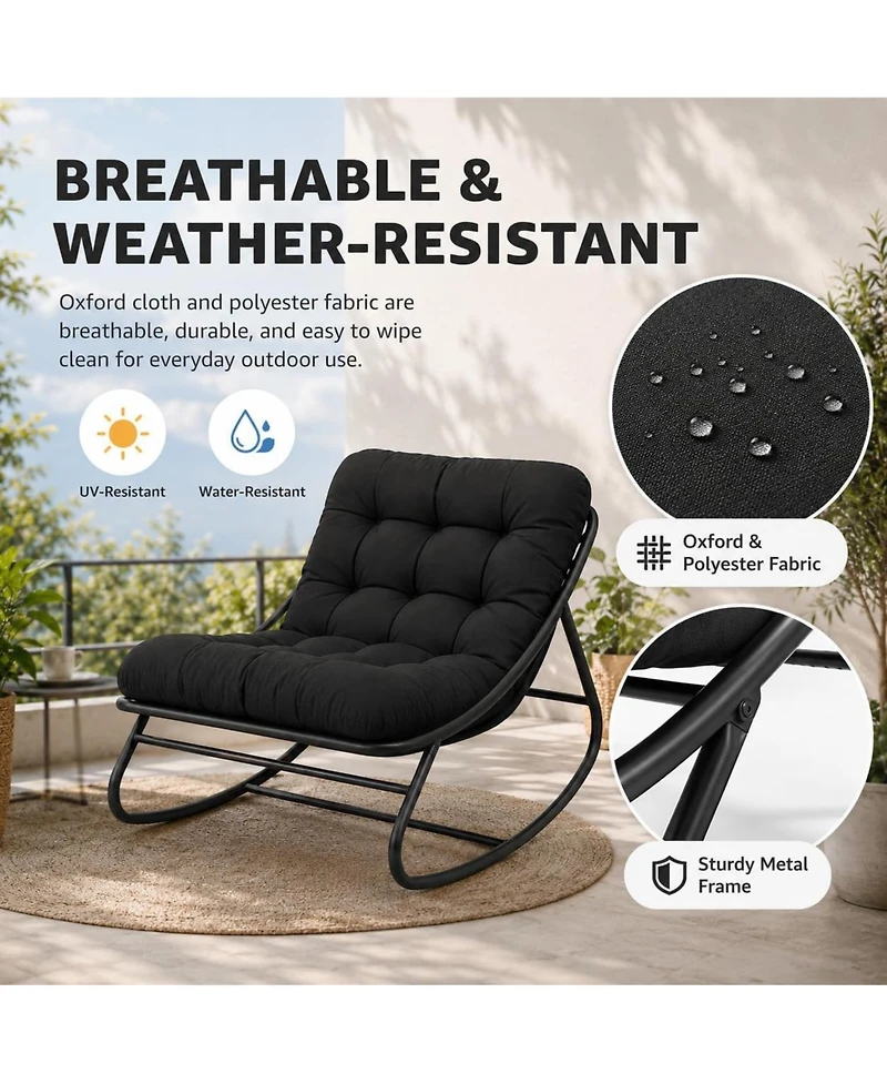 gaomon Outdoor Foldable Rocking Chair with Padded Oxford Cushion, Heavy-Duty Iron Frame Patio Rocker for Porch, Garden, Balcony and Living Room