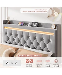 gaomon Upholstered Led Platform Bed Frame with Storage Headboard, Charging Station and Drawers