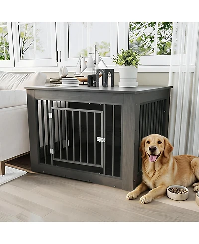 38.2 Inch 2-in-1 Iron and Wood Dog Crate Furniture, Farmhouse Pet Kennel, Works as Side Table, Slide Lock and Flat Top for Pets of Different Sizes