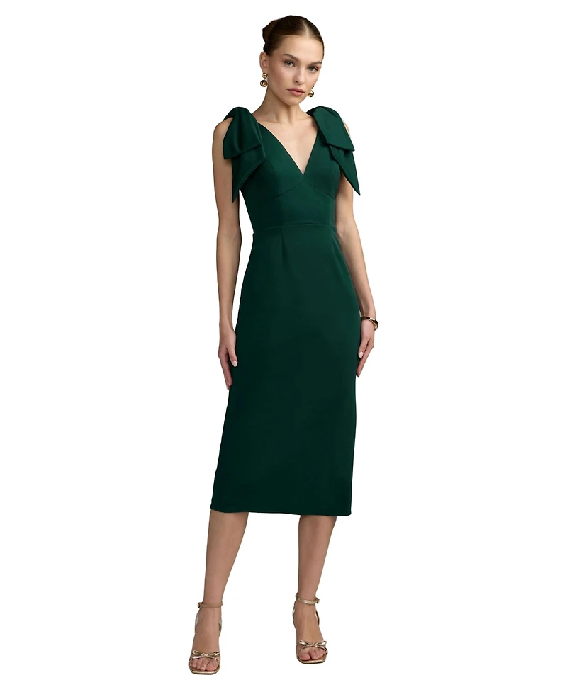 Mac Duggal Women's Statement Bow Shoulder Crepe Midi Dress