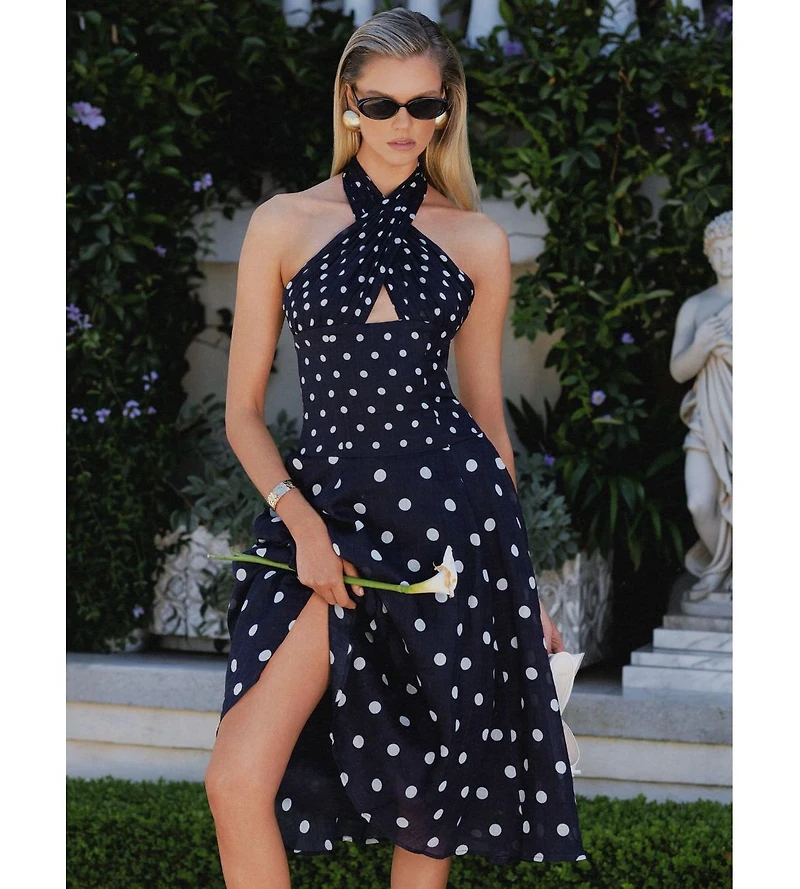 Miss Circle Women's Nuri Navy Polka Dot Ramie Crossover Halter A-Line Midi Dress