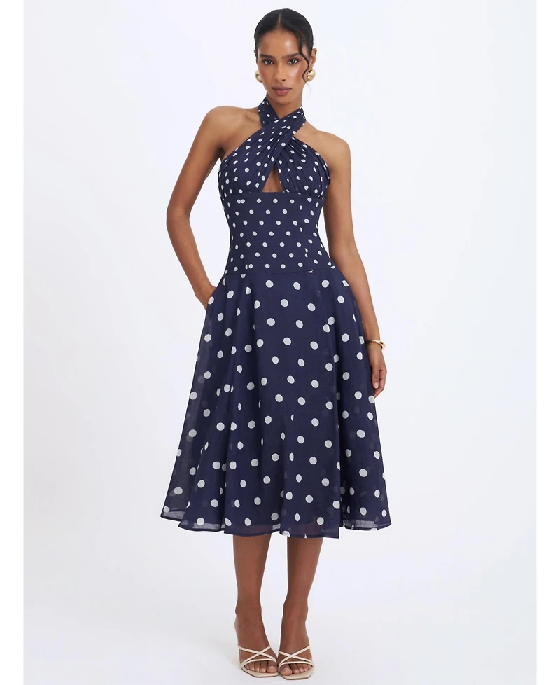 Miss Circle Women's Nuri Navy Polka Dot Ramie Crossover Halter A-Line Midi Dress