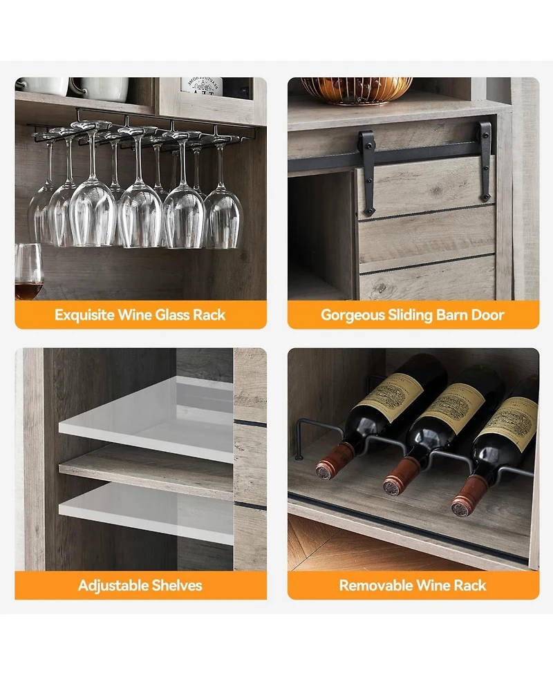 70 in Tall Farmhouse Coffee Bar Cabinet, Kitchen Hutch with Sliding Barn Door, Buffet with Wine Rack and Glass Holder for Dining Room, Living Room