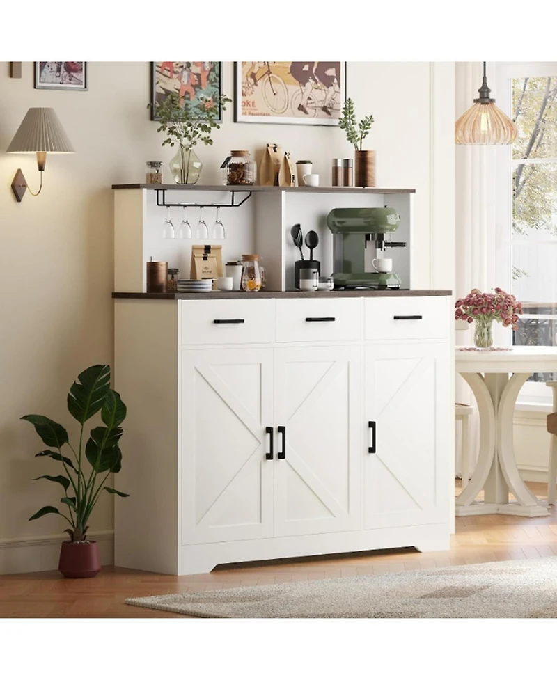 Farmhouse Entryway Sideboard Cabinet with Barn Doors, Drawers and Shelves, Large Wood Coffee Bar Storage Pantry Organizer for Dining Room, Living Room