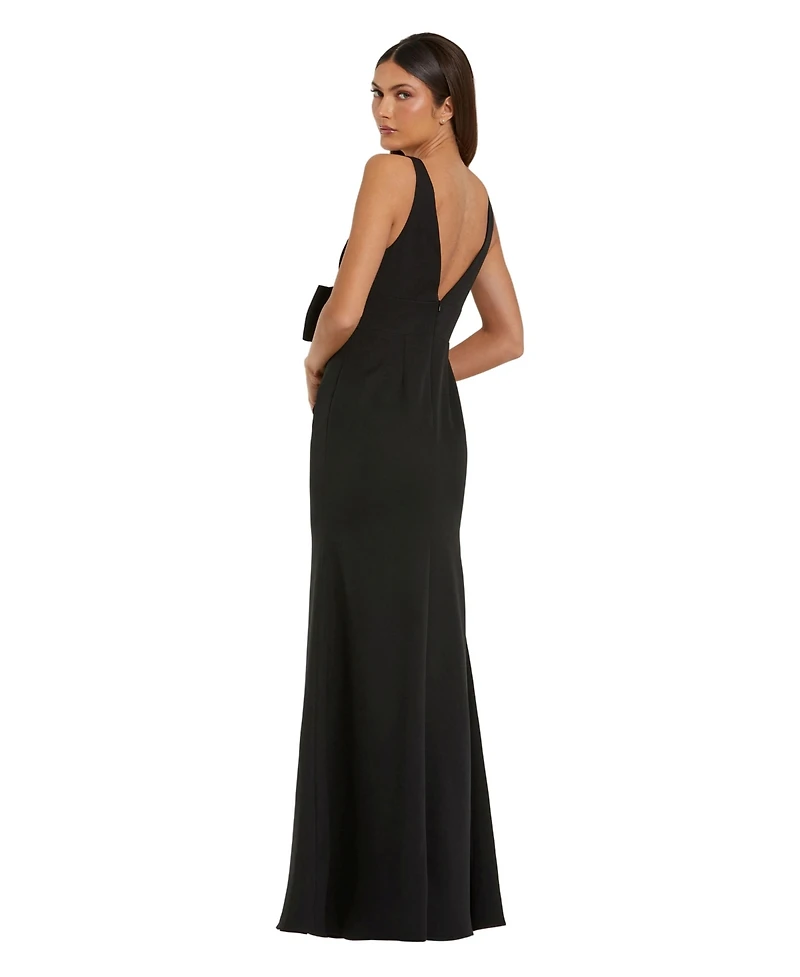 Mac Duggal Women's Crepe Sleeveless V Neck Column Dress With Bow