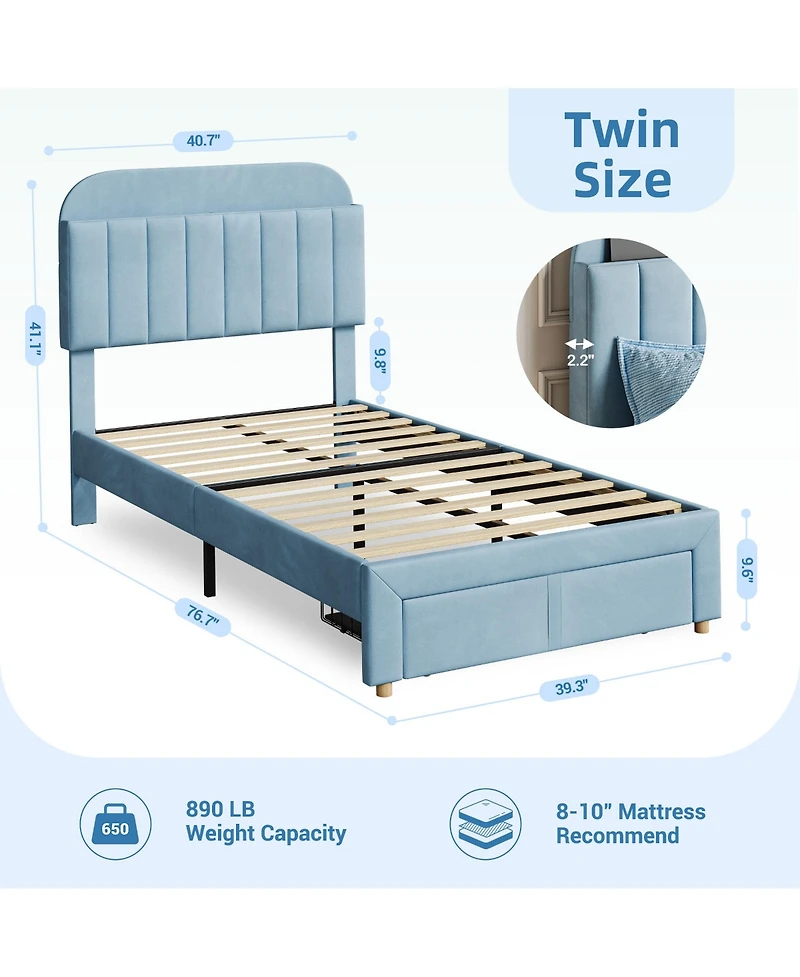 gaomon Twin Size Bed Frames with Storage Headboard, Velvet Upholstered Platform Bed Frame with Strong Wooden Slats