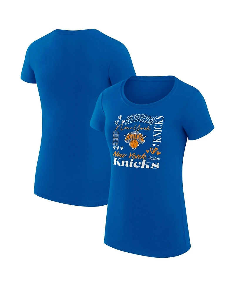 G-iii 4Her by Carl Banks Women's Blue New York Knicks Super-Slim Fit Lightweight Team Name Collage Graphic T-Shirt