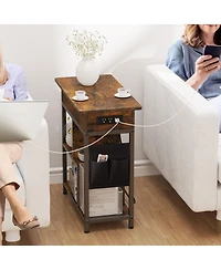 Narrow End Table with Charging Station and Turnover Storage Shelf, Rustic Brown Mdf Wood Side Table with Usb Ports for Living Room Bedroom Office