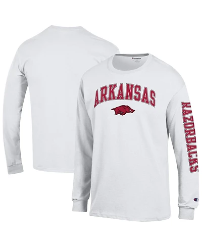 Champion Men's White Arkansas Razorbacks Arch Over Logo 2-Hit Long sleeves T-Shirt