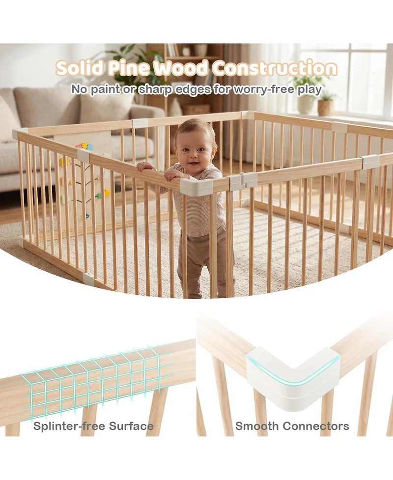 Slickblue Large Adjustable Wooden Playpen for Babies, Infants and Toddlers