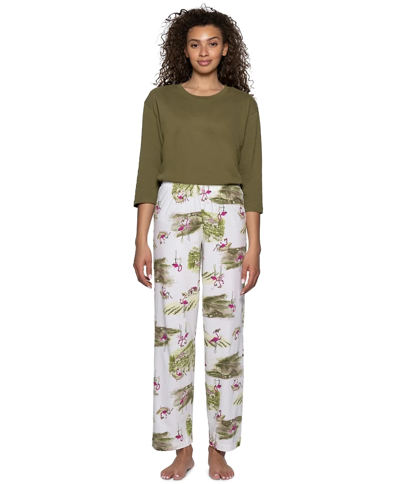 Hue Women's Vineyard Flamingos Relaxed-Fit Flamingo-Print Cotton-Blend Pajama Pants