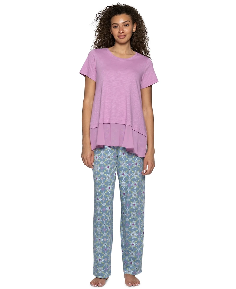 Hue Women's Crewneck Georgette Flounce Cotton-Blend Pj Tee
