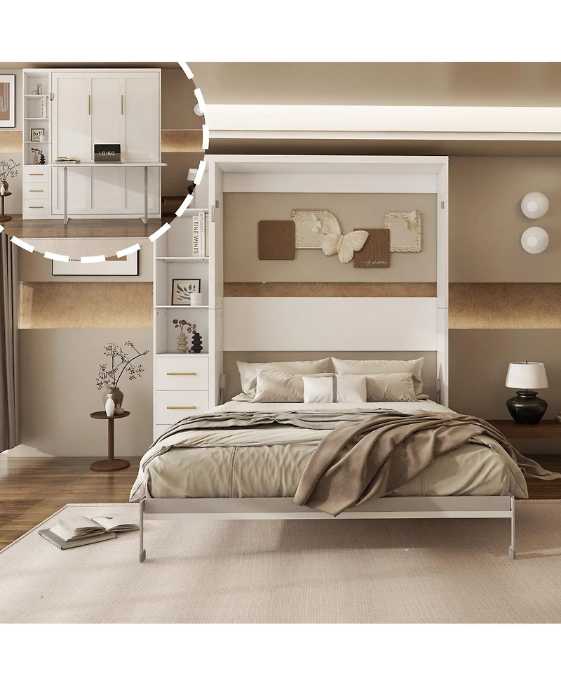 Streamdale Furniture Murphy Wall Bed Desk with Single Side Cabinet, Queen