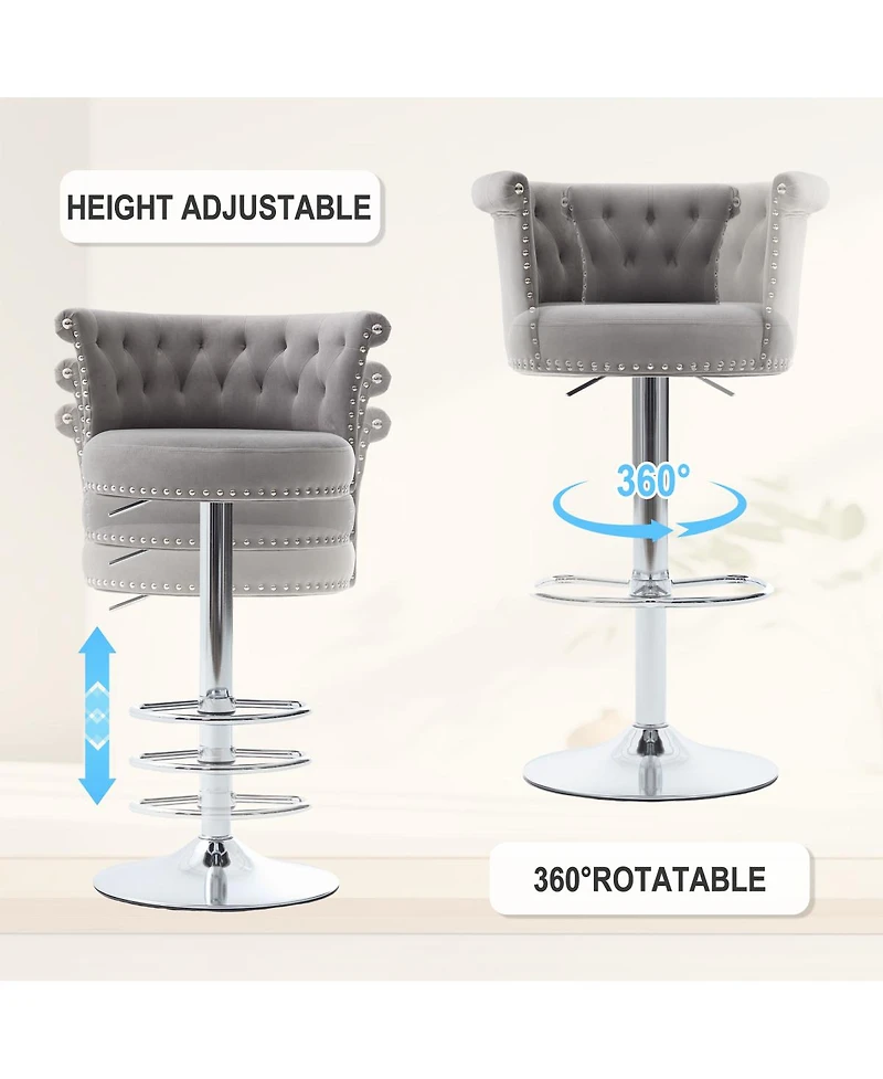 Streamdale Furniture Velvet Swivel Bar Stools Set of 2 with Chrome Nailheads