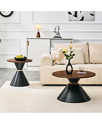 Streamdale Furniture 2-Piece Walnut Textured Round Coffee Table Set with Metal Base