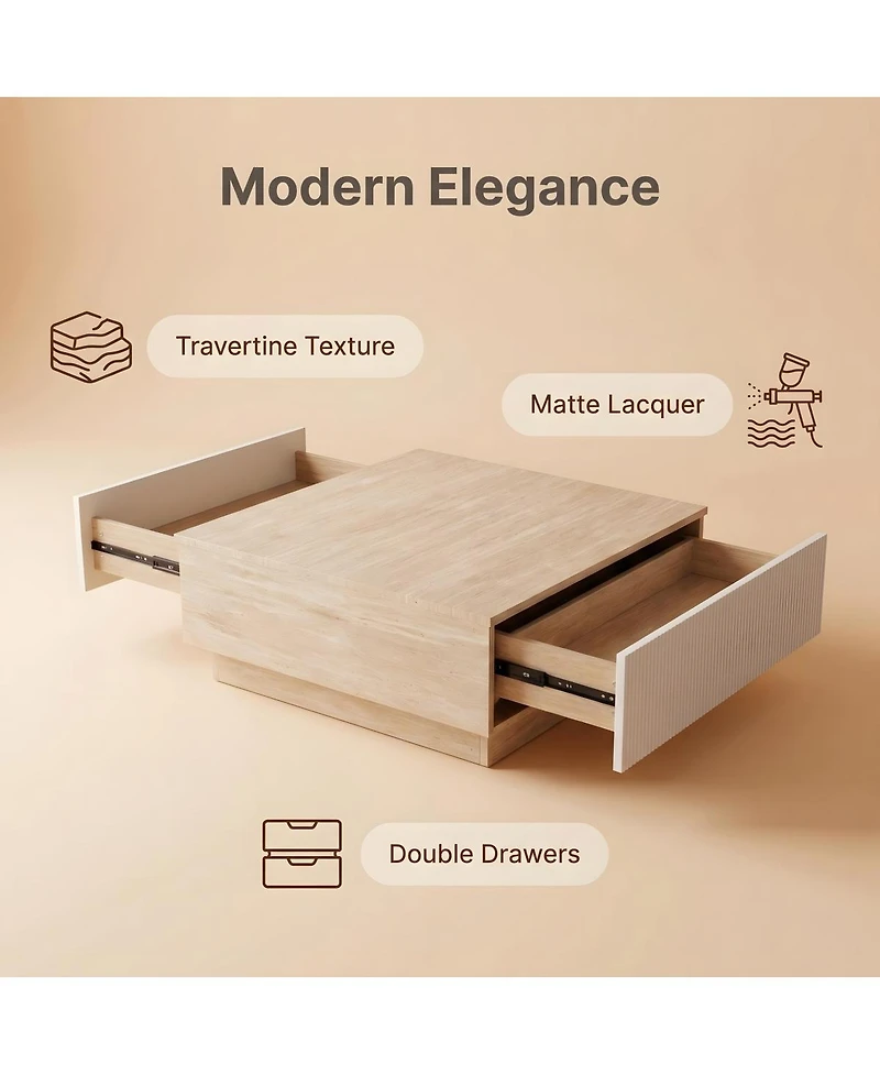 Streamdale Furniture Modern Faux Travertine Coffee Table with 2 Drawers, Stone Center Table