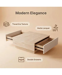 Streamdale Furniture Modern Faux Travertine Coffee Table with 2 Drawers, Stone Center Table