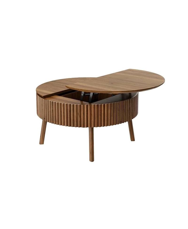 Streamdale Furniture Modern Round Lift-Top Fluted Coffee Table with Hidden Storage, Walnut