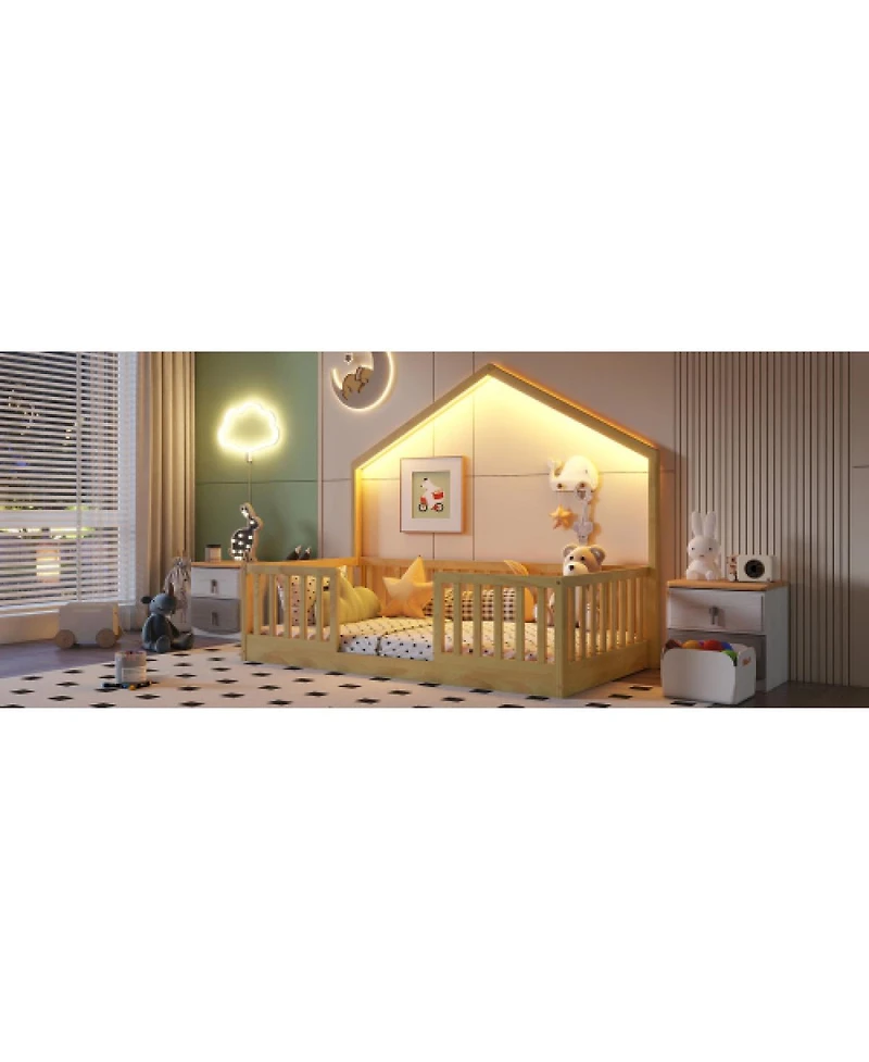 Streamdale Furniture Twin Floor Bed with High Rails and Light for Kids