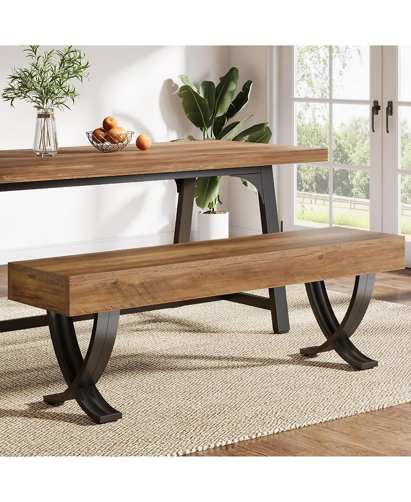 Tribesigns 55" Farmhouse Dining Bench:Wooden kitchen table seat with metal X-shaped legs.Long indoor bench for dining room,bedroom,entryway,mudroom