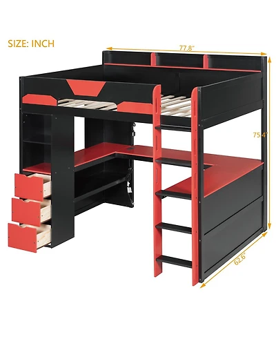 Streamdale Furniture Full Size Wooden Gaming Loft Bed with Desk, Rgb Lights and Usb