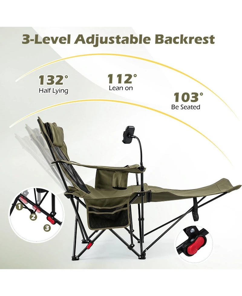 Sugift 2-in-1 Reclining Camping Chair Converting to Lounger with 3-Level Adjustable Backrest