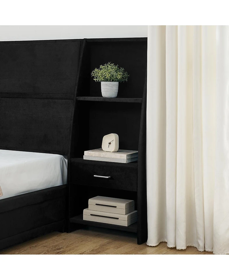 Streamdale Furniture Queen Velvet Storage Platform Bed Frame with Bookcases and Drawer
