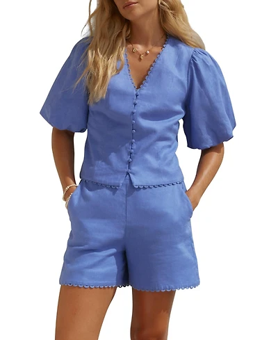 Mint Velvet Women's V-Neck Short Puff-Sleeve Scalloped Edge Blouse
